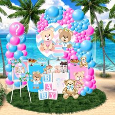 there is a baby shower with teddy bears on the beach and balloons in the air