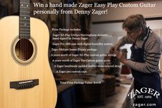 an advertisement for a custom guitar made from wood and metal, with the caption'win a handmade zager easy custom guitar personalized