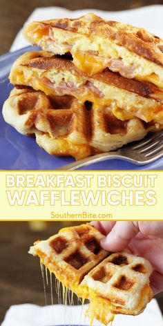 the breakfast biscuit wafflewichs have been cut in half and is being held by a fork