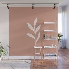 a room with a plant on the wall next to a book shelf and shelves in front of it