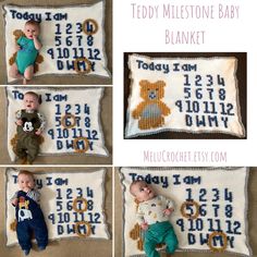 four pictures of babies with teddy bears on them, and the numbers for each baby's birth