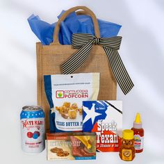 Texas Two-Step Gift Bag Texas Butter, Pecan Popcorn, Texas Gift Basket, Texas Themed Gifts, Less Book, Texas Two Step, Artisan Gift Box, Food Gift Box, Popcorn Shop