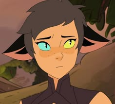 an animated image of a woman with green eyes and horns on her head, looking at the camera