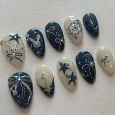 Hades Nails, Moomin Nails, Nail Art With Stars, Yk2 Nails, Acubi Nails, Rabbit Nails, 3d Gel Nails, Long Nails Almond, Handmade Rabbit