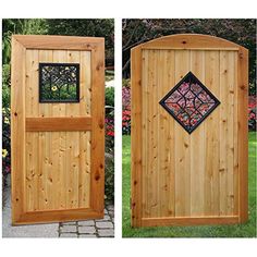 two pictures of a wooden gate with stained glass panels on the front and back doors