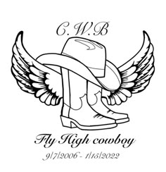 a cowboy boot with wings and the words fly high cowboys in black ink on a white background