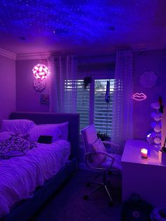 a bedroom with purple lighting and a bed in the corner, next to a window