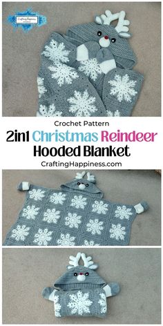 crochet christmas reindeer hooded blanket pattern is shown