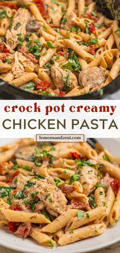 This super simple Crock Pot Creamy Chicken Pasta recipe has the flavors of a Tuscan chicken or "marry me chicken" but with easy dump and go instructions aside from boiling up the pasta. A full hearty meal in the slow cooker with tender seasoned chicken, mushrooms, spinach, sun-dried tomatoes and your favorite pasta in a rich, creamy sauce!