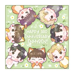 an image of happy 3rd anniversary card with cartoon animals and flowers in the background on green