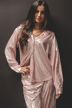 Yes, yes it was!! This shinny look is sure to make an entrance in any room! Satin like shiny button down collared shirt Material is Polester Hang to dry Model Tanya is 5'7 wearing a small SHOP THE LOOK Small Medium Large Length 25.5" 26.5" 27.5" Bust 21" 22" 23" Party Bottoms, Metallic Pants, Silk Sleepwear, Amazing Lace, Native Style, Shiny Clothes, Sparkle Dress, Metallic Pink, Metallic Dress