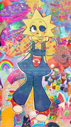 an image of a cartoon character surrounded by many different objects and colors, including rainbows