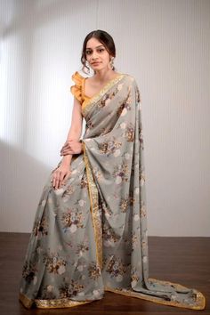 Floral Printed Grey Georgette Saree - Frugal2Fab Floral Print Saree, Saree Jacket Designs, Floral Sarees, Sarees For Girls, Indian Sari Dress, Floral Print Sarees, New Saree Designs, Floral Saree, Modern Saree