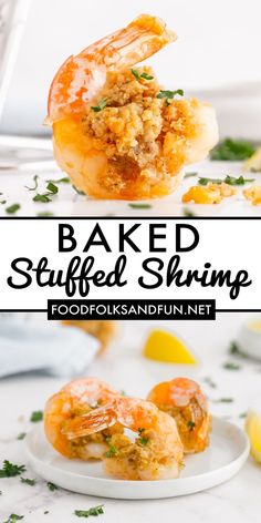 baked stuffed shrimp on a plate with lemon wedges