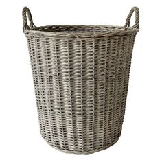 a grey wicker basket with handles