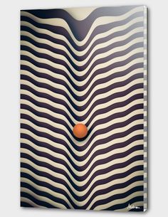 an orange ball is in the middle of a black and white striped pattern with wavy lines