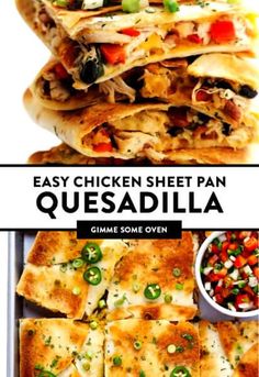 easy chicken sheet pan quesadilla recipe with text overlay