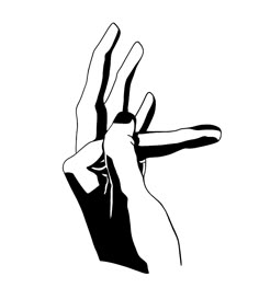 a black and white drawing of a person's hand holding something in the air