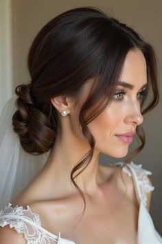 a woman in a wedding dress with a veil on her head, looking off to the side