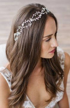 Designed for wear as a headpiece or belt (with a simple switch of ribbons), a floral motif is delicately rendered in gold-plated wire adorned with lustrous freshwater pearls, beaming crystals and dainty glass beads. A perfectly radiant finish for your bridal look. 14" band length Ribbon ties at back Includes both 47" halo ties and 60" sash ties Pearl size: 2-3mm 14k-gold plate/freshwater pearl/glass Made in the USA of imported materials Wedding Suite Item ships in signature keepsake packaging. Bride Hair Pins, Beautiful Wedding Hair, Ribbon Hairstyle, Bridal Hair Vine, Belt Style, Hair Reference, Hair Vine, Bridal Headpieces, Gorgeous Hair