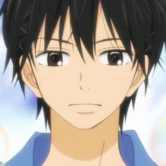 an anime character with black hair and brown eyes looking at the camera while wearing a blue shirt