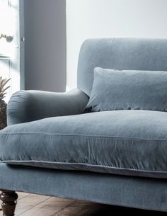 a blue couch sitting on top of a wooden floor next to a potted plant