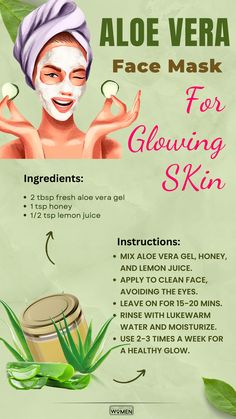 Aloe vera is well-known for its soothing and hydrating properties, making it an excellent ingredient for a face mask that can help you achieve glowing skin. Here's a simple aloe vera face mask recipe: #aloevera #glowingskin Cucumber Aloe Face Mask, Aloe Vera For Glowing Skin, Aloe Vera Face Mask Recipe, Aloe Vera Mask For Face, Aloe Vera Face Mask Diy Glowing Skin, Alovera Gel For Face At Night, Aloe Vera Mask For Hair, Face Mask For Glowing Skin, Mask For Glowing Skin