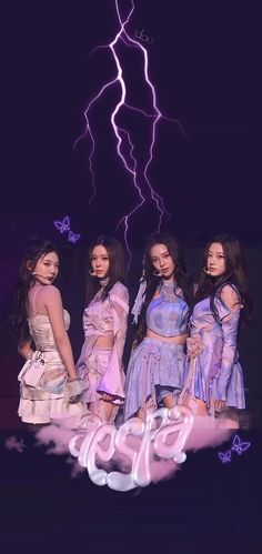 girls standing in front of a purple background with lightning