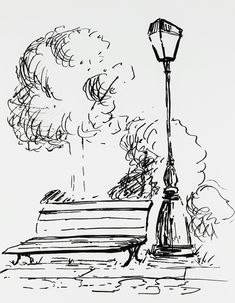 a black and white drawing of a park bench next to a street light with trees in the background