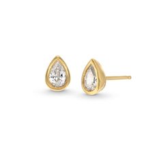 With sophisticated simplicity, these pear-shaped diamond solitaire stud earrings are a timeless style staple. 14K gold Each post earring features a 1/5 ct. pear-shaped diamond solitaire sparkling in a sleek bezel setting 1/2 ct. t.w. of diamonds Friction backs Pear Diamond Stud Earrings, Pear Shaped Earrings, Timeless Gold Pear-shaped Diamond Earrings, Timeless Pear-shaped Gold Diamond Earrings, Classic Teardrop Bezel Set Earrings, Classic Yellow Gold Pear-shaped Diamond Earrings, Classic Teardrop Earrings With Bezel Setting, Pear-shaped Yellow Gold Diamond Earrings, Classic Yellow Gold Diamond Teardrop Earrings