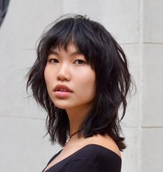 Medium Wolf Cut for Round Faces Mullet Round Face, Medium Shag Cut, Uneven Bangs, Lesbian Hair, Shag Cut, Wolf Cut Hair, Layered Haircuts With Bangs, Medium Layered Haircuts