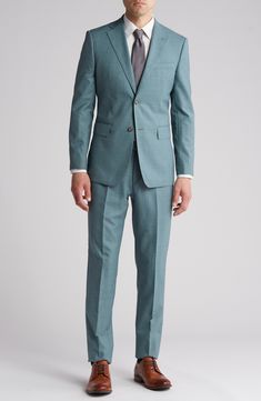 A handsome grid print elevates this trim-fit suit tailored from a wool blend with a hint of stretch and notched lapels. 36 1/4" inseam; 7 3/4" leg opening; 10 1/2" rise (size 38R) Jacket has notched lapels; chest welt pocket; front flap pockets Unhemmed Lined 90% wool, 10% polyester Dry clean Imported Semiformal Outfits For Men, Summer Semi Formal Wedding Guest Attire Men, Garden Party Mens Attire, Colorful Groom Suit, Colorful Mens Suits, Mens Summer Cocktail Attire, Colorful Suits Men, Mens Formal Wear Wedding, Linen Clothes Men