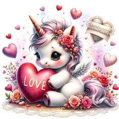 a cute little unicorn holding a heart surrounded by roses and hearts with the word love written on it