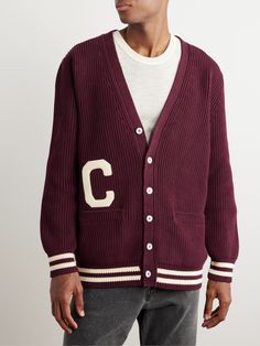 CELINE HOMME's cardigan riffs on varsity styles. It's knitted from breathable cotton and detailed with striped trims and a collegiate-inspired logo appliqué. The relaxed, longline shape makes it a good addition to a layered outfit. College Cardigan, Cardigan For Men, Retro Sport, Layering Outfits, Cotton Cardigan, Knitwear Cardigan, Knit Cotton, Mr Porter, Luxury Handbags