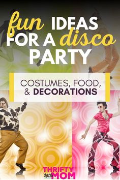 an advertisement for a disco party with people dancing and text reading fun ideas for a disco party costumes, food, and decorations