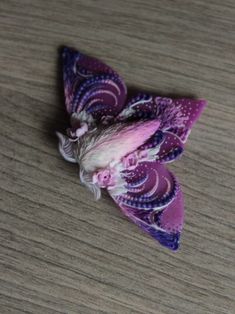 a small purple and white butterfly on a table