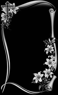 a black and white photo with flowers in the corner, on a black background is an empty space for text