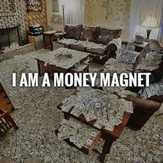 a living room filled with furniture covered in money