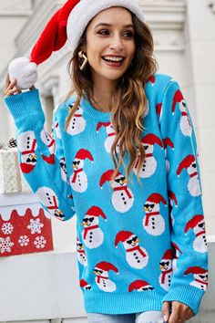 Christmas Snowman Ribbed Trim Round Neck Sweater – the GRATI shop Cartoon Santa Claus, Cartoon Santa, Round Neck Sweater, Santa Claus Christmas, Sweater Collection, Beautiful Sweater