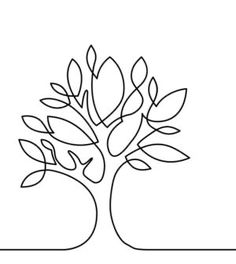 a black and white drawing of a tree with two leaves on it's branches