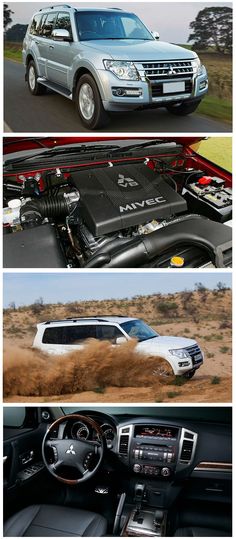 four different views of cars driving on the road and in the distance, with one car's engine showing