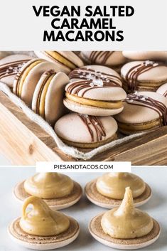 vegan salted caramel macarons on a wooden tray