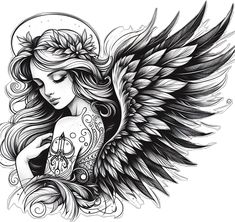 an angel with wings and flowers on her chest is shown in this tattoo art design