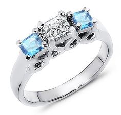 Three Stone Diamond & Topaz Ring 1.00 ct. tw. – WORLDJEWELS Diamond Topaz Ring, Sapphire Side Stones, Natural Ruby Ring, Natural Opal Ring, Diamond Ring Princess Cut, Three Stone Diamond Ring, Jewellery Rings, Three Stone Diamond, Princess Cut Diamond