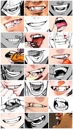 many different images of mouths and teeth with one being biting the other's mouth