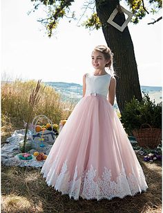 Princess Floor Length Flower Girl Dress - Cotton / Tulle Sleeveless Jewel Neck with Appliques / Lace / Belt by LAN TING Express Lace Belt, Long Flower Girl Dresses, Cheap Flower Girl Dresses, Princess Dress Kids, Pink Flower Girl Dresses, Girls Dresses Online, Sleeveless Lace Dress, First Communion Dress, Girls Pageant Dresses