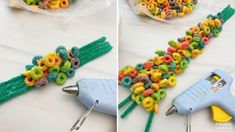 two pictures show the process of making cereal bead bracelets with scissors and yarn