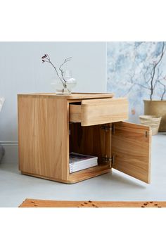 Solid Teak Bedside Table | Tikamoon Nino | Woodfurniture.com Interesting Bedside Tables, Unusual Bedside Tables, Raw Wood Furniture, Teak Bedside Table, Beautiful Bedside Tables, Mudroom Organization, Storage Furniture Bedroom, Small Cabinet, Teak Furniture