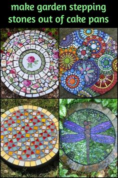 four different colored glass garden steppings with the words make garden stepping stones out of cake pans