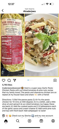 an instagram page for pasta with chicken and spinach sauce on the left side